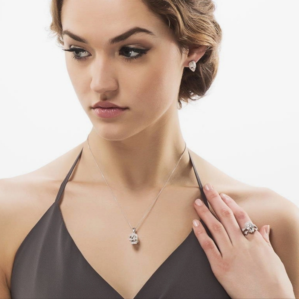 NEW Skull Bones Cubic Zirconia  Necklace in Sterling Silver - Picture 6 of 16
